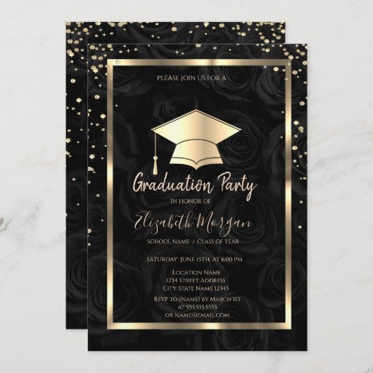 Diamonds Goud Afstudeerder Pet Zwarte Rozen Afstud Kaart (Voorkant / Achterkant)