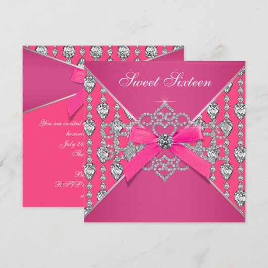Diamonds Hot Pink Sweet 16 Verjaardagsfeest Kaart (Voorkant / Achterkant)