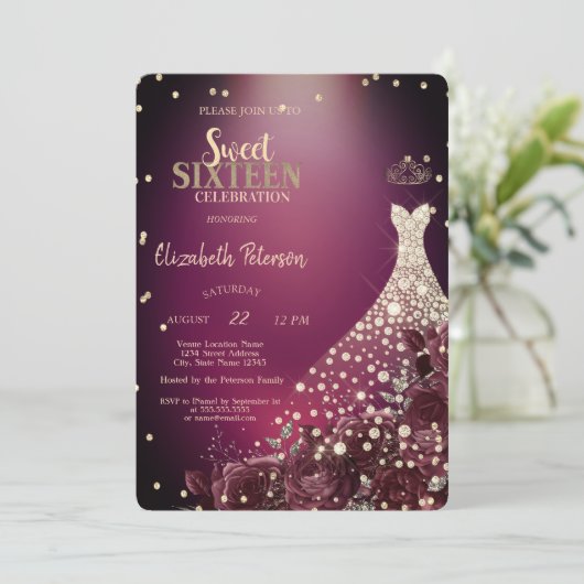 Diamonds, Jurk, Bourgondische Rozen Sweet 16 Kaart (Staand voorkant)