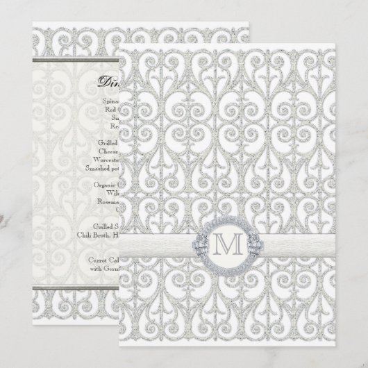Diamonds & Lace, monogrammed Wedding Dinner Menu (Voorkant / Achterkant)