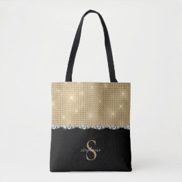 Diamonds Monogram Gold Black Luxury Sophisticated Tote Bag