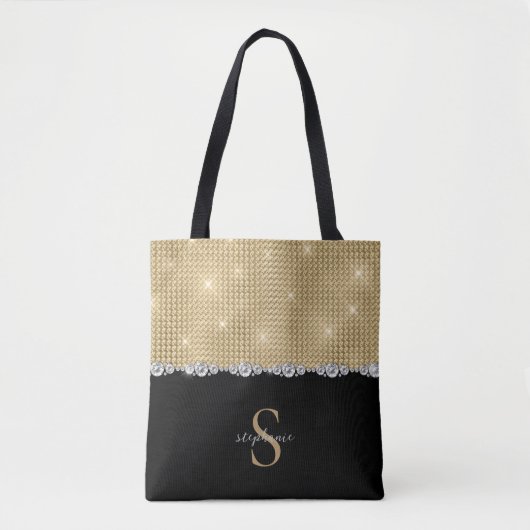 Diamonds Monogram Gold Black Luxury Sophisticated Tote Bag (Voorkant)