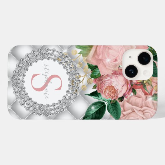 Diamonds Monogram roze rozen Sparkly Bling Tufed Case-Mate iPhone Case (Achterkant (horizontaal))