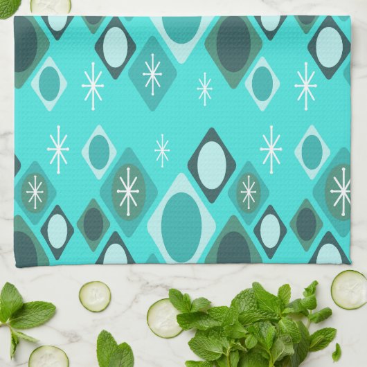 Diamonds Ovals Starbursts Turquoise Theedoek (Gevouwen)