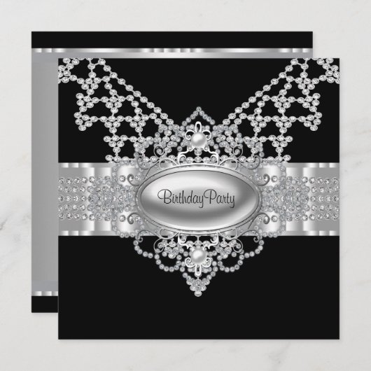 Diamonds Parels Black Verjaardag Party Uitnodiging (Voorkant / Achterkant)