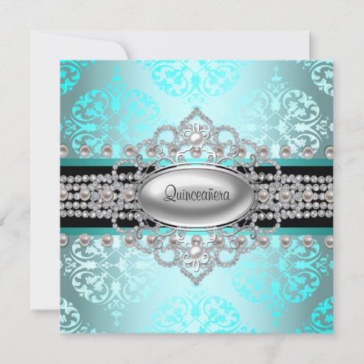 Diamonds Parels Blauwgroen Blauw Quinceanera Kaart (Voorkant)