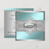 Diamonds Parels Blauwgroen Blue Quinceanera Uitnod Kaart (Voorkant / Achterkant)