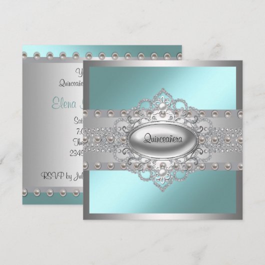 Diamonds Parels Blauwgroen Blue Quinceanera Uitnod Kaart (Voorkant / Achterkant)
