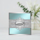 Diamonds Parels Blauwgroen Blue Quinceanera Uitnod Kaart (Staand voorkant)