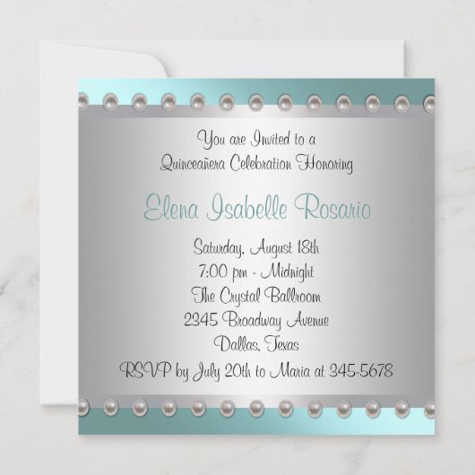 Diamonds Parels Blauwgroen Blue Quinceanera Uitnod Kaart (Achterkant)