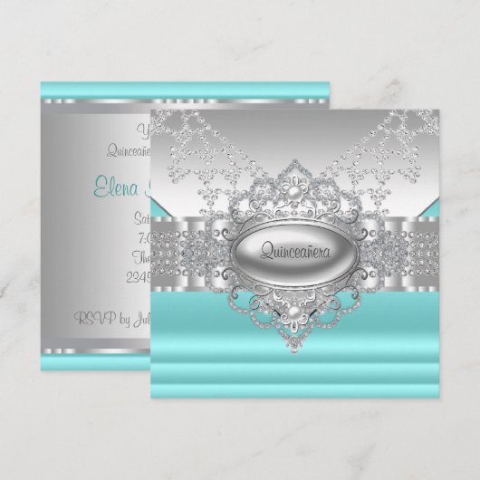 Diamonds Parels Blauwgroen Blue Quinceanera Uitnod Kaart (Voorkant / Achterkant)