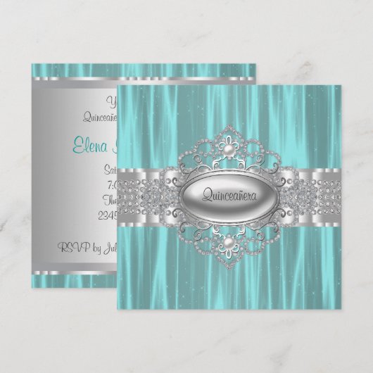 Diamonds Parels Blauwgroen Blue Quinceanera Uitnod Kaart (Voorkant / Achterkant)