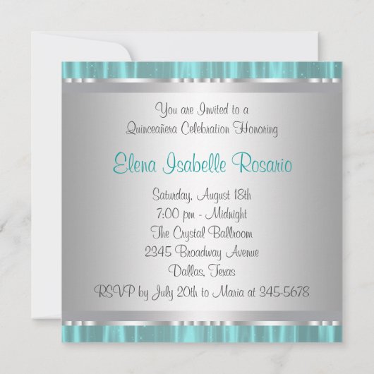 Diamonds Parels Blauwgroen Blue Quinceanera Uitnod Kaart (Achterkant)