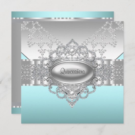 Diamonds Parels Blauwgroen Blue Quinceanera Uitnod Kaart (Voorkant / Achterkant)