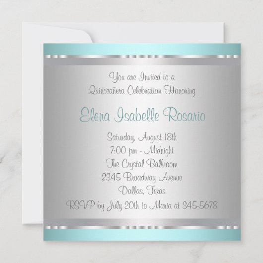Diamonds Parels Blauwgroen Blue Quinceanera Uitnod Kaart (Achterkant)