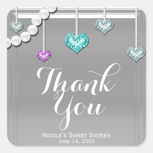 Diamonds & Parels Bling Juwelen Zilveren Glam Part Vierkante Sticker (Voorkant)