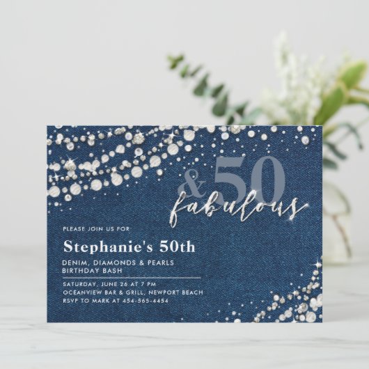 Diamonds Parels Denim Chic Fabulous 50ste verjaard Kaart (Staand voorkant)