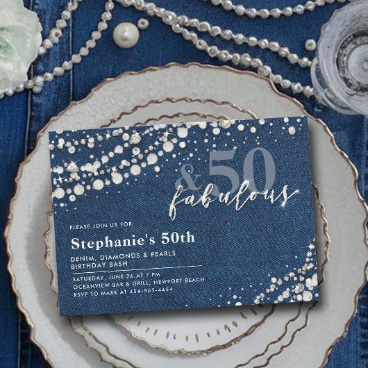 Diamonds Parels Denim Chic Fabulous 50ste verjaard Kaart