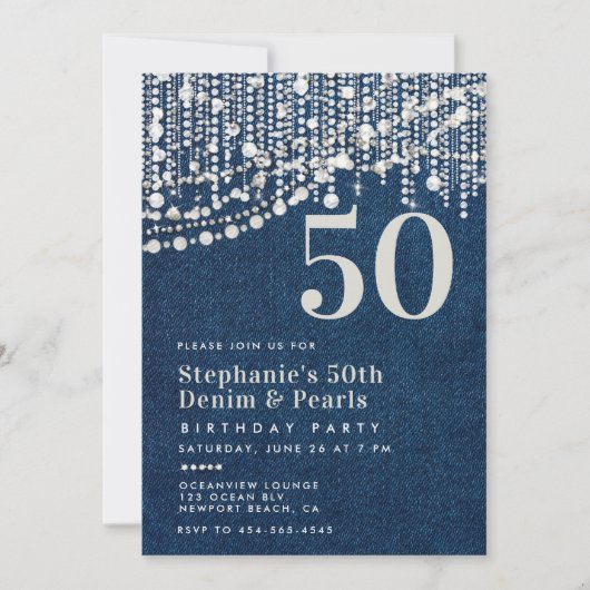 Diamonds Parels Fringe Jean Denim 50e verjaardag Kaart (Voorkant)