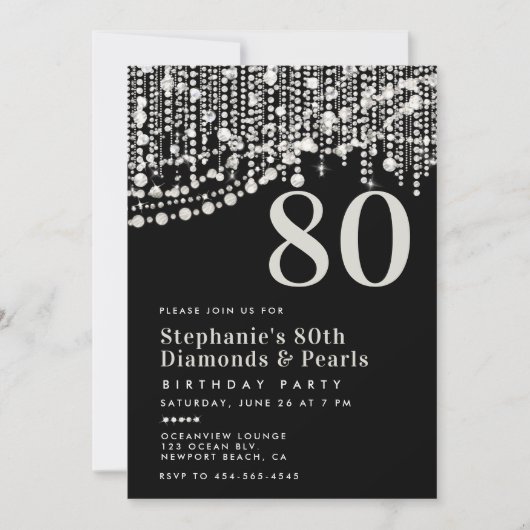Diamonds Parels Fringe Zwart Wit 80e Verjaardag Kaart (Voorkant)