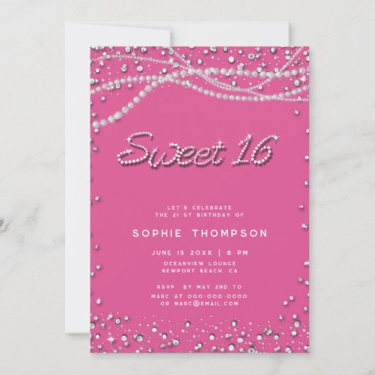 Diamonds Parels  Meisje Roze Elegant Sweet 16 Kaart (Voorkant)