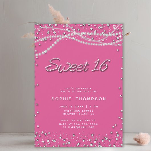 Diamonds Parels  Meisje Roze Elegant Sweet 16 Kaart