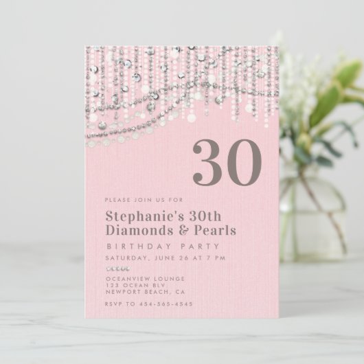 Diamonds Parels  Roze Elegant 30e Verjaardag Kaart (Staand voorkant)
