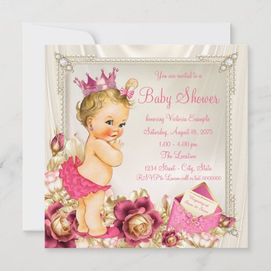 Diamonds Parels Satijn Roze Prinses Baby shower Kaart (Voorkant)