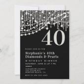Diamonds Parels Zwart Wit 40e Verjaardag Diner Kaart (Voorkant)