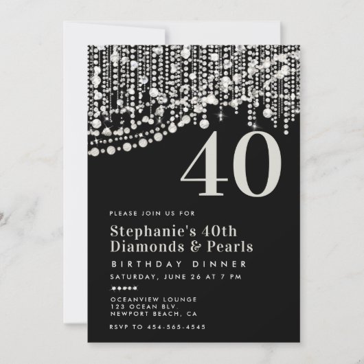 Diamonds Parels Zwart Wit 40e Verjaardag Diner Kaart (Voorkant)