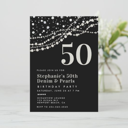 Diamonds Parels Zwart Wit Elegant 50e verjaardag Kaart (Staand voorkant)