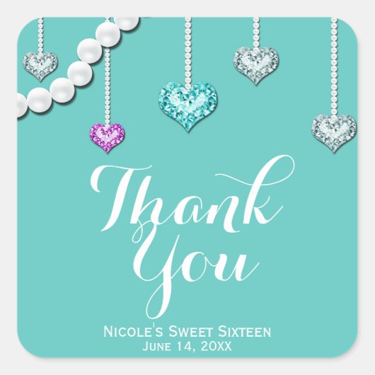 Diamonds & Pearls Bling Jewels Glam Birthday Party Vierkante Sticker (Voorkant)