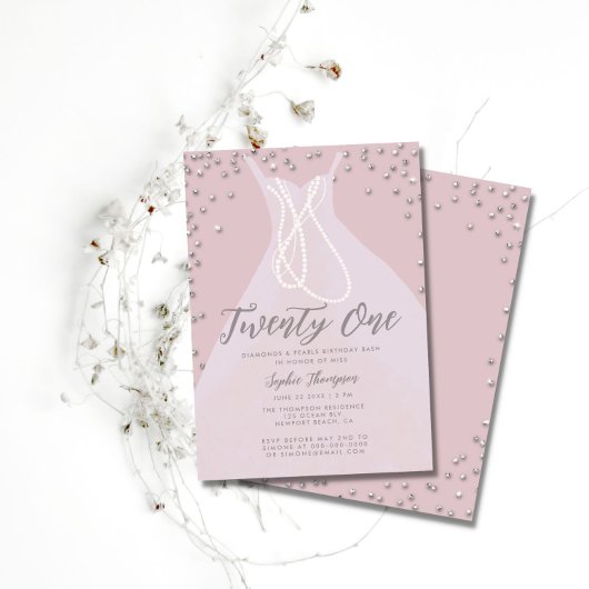 Diamonds Pearls Elegant Dress Pink 21st Bday Bash Kaart