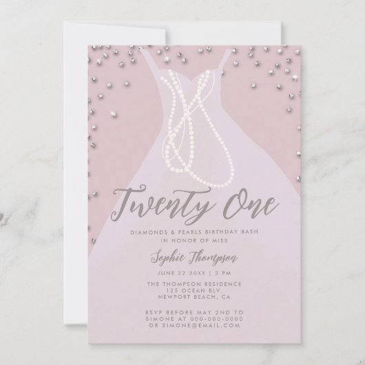 Diamonds Pearls Elegant Dress Pink 21st Bday Bash Kaart (Voorkant)