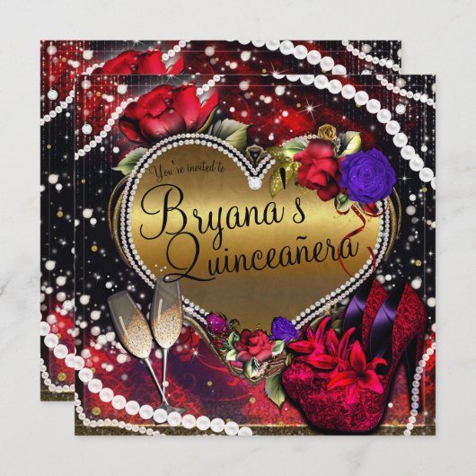 Diamonds Pearls Heart High Heels Quinceañera Kaart (Voorkant / Achterkant)
