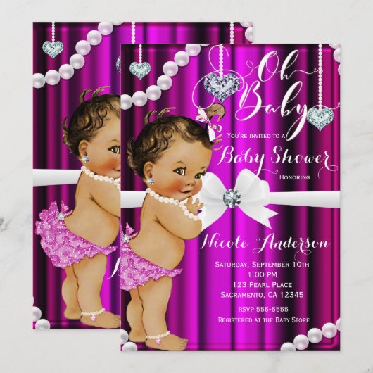 Diamonds & Pearls Hot Roze Baby shower Kaart (Voorkant / Achterkant)
