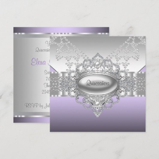 Diamonds Pearls Paarse Quinceanera Uitnodigingen (Voorkant / Achterkant)