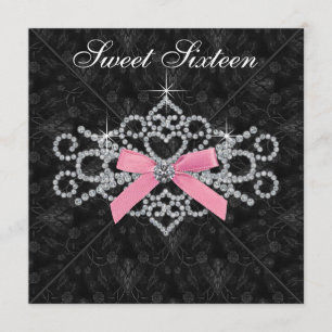 Diamonds Pink Black Damask Sweet 16 Birthday Party Kaart