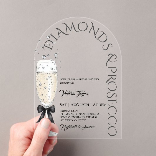 Diamonds & Prosecco Elegant Boog Vrijgezellenfeest Acryl Uitnodigingen (Insitu (Draagbaar))