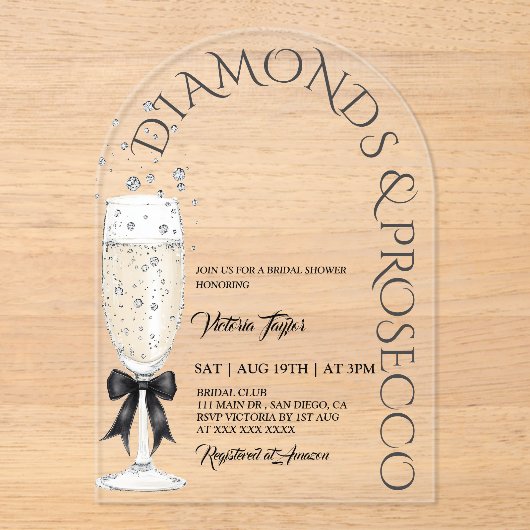 Diamonds & Prosecco Elegant Boog Vrijgezellenfeest Acryl Uitnodigingen (Voorkant)