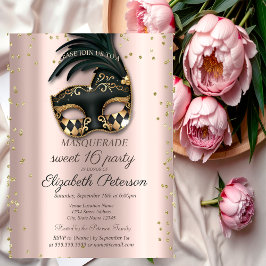 Diamonds Roos Gold Black Masquerade Sweet 16 Uitnodiging Briefkaart