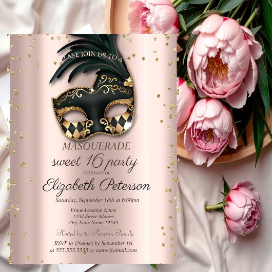 Diamonds Roos Gold Black Masquerade Sweet 16 Uitnodiging Briefkaart