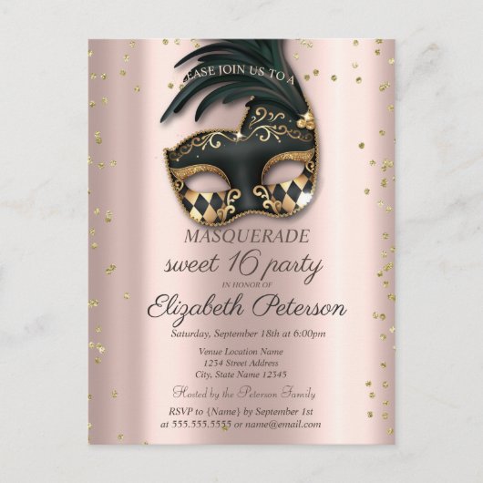Diamonds Roos Gold Black Masquerade Sweet 16 Uitnodiging Briefkaart (Voorkant)