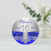 Diamonds Royal Blue en Zilver Sweet 16 Party Kaart (Staand voorkant)