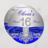 Diamonds Royal Blue en Zilver Sweet 16 Party Kaart (Voorkant / Achterkant)