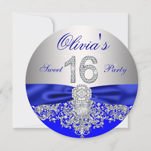 Diamonds Royal Blue en Zilver Sweet 16 Party Kaart (Voorkant)