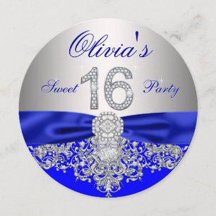 Diamonds Royal Blue en Zilver Sweet 16 Party Kaart