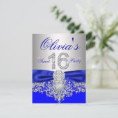 Diamonds Royal Blue en Zilver Sweet 16 Party Kaart (Staand voorkant)