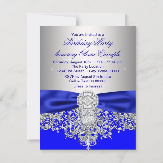 Diamonds Royal Blue en Zilver Sweet 16 Party Kaart (Achterkant)