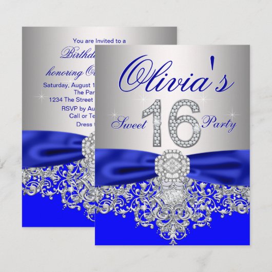 Diamonds Royal Blue en Zilver Sweet 16 Party Kaart (Voorkant / Achterkant)
